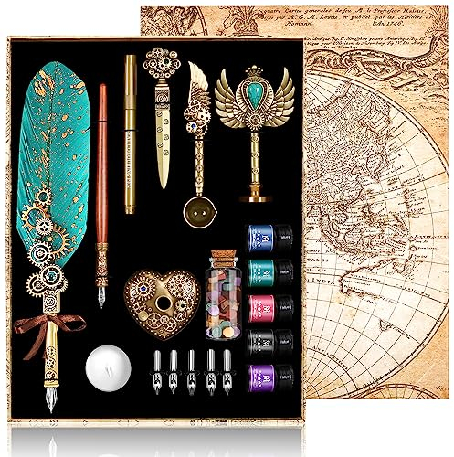 MPRINCE Federstift und Tinte Set - Federstift, Holzstift, 5 austauschbare Federn, Siegel, Wachsperlen, Umschlag und Briefpapier - Grün