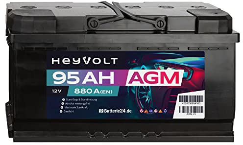 HeyVolt Autobatterie 12V 95Ah 880A/EN AGM Start-Stop, Standheizung geeignet
