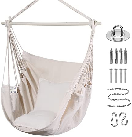 Goutime Hängesessel aus Baumwolle, 2 Kissen, Deckenhaken & Tragetasche | inkl. Tragetasche, Indoor, Garten & Balkon Hängeschaukel, max. 150 kg Tragkraft, Beige
