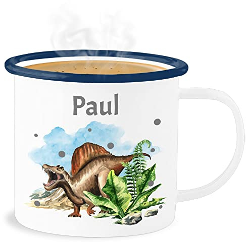 Emaille Becher Blechbecher - Dinosaurier Geschenk Dino Geschenke Dinos I - 300 ml - Weiß Blau - tiere tasse tier name tassen kinder tieren t rex häferl saurier personalisierte dinosaur