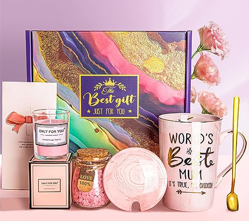 Mum Birthday Gifts Pamper Hamper for Mum - Relaxing Spa Bath Set with Mug | 14oz Funny Gold Print Ceramic Cup, Scented Candle, Cards, Basket Gift for Mummy, New Mums to Be Presents, Delicately Boxed