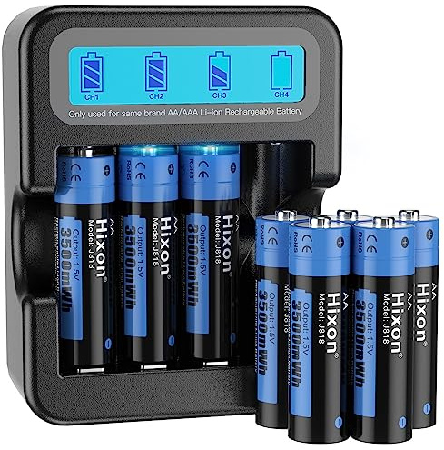 Hixon 1.5V AA Rechargeable Lithium-ion Battery 8pc with LCD charger,3500mWh Hixon AA Rechargeable Batteries for home appliances and Office Devices,1.5V Constant Output