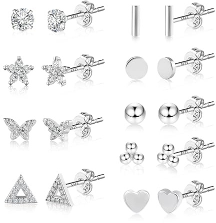 Set med små örhängen i sterlingsilver för kvinnor och flickor, kulstång, hjärta, triangel, fjäril, blomma, platt skiva, CZ silverstavörhängen, 9 par,, hårspray, Kubisk zirkonia