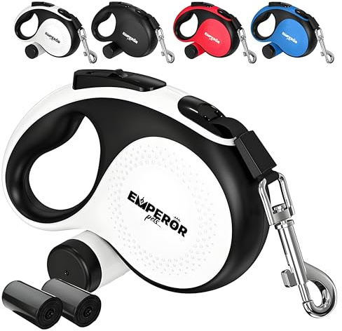 Emperor Pets 26 ft Retractable Dog Leash White - Heavy Duty Retractable Pet Leash with Anti-Slip Grip for Medium to Large Dogs up to 110 lbs -Aura BW26