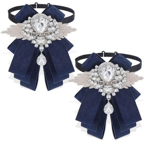 GORGECRAFT 2 pièce de Broche en Ruban avec Gros Nœud Papillon Pré Noué Réglable en Strass Broches Décoratives en Diamant pour Costume de Mariage Cravate Collier Broche pour Cadeaux de Cérémonie Bleu