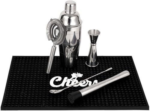 Lexenic Juego de coctelera profesional para principiantes, 6 piezas, juego de herramientas de bar para el hogar, kit mezclador de bebidas con herramientas accesorias: alfombrilla de bar, coctelera de