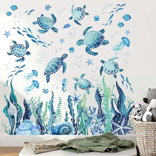 Amimagen Ocean Sea Turtle Wall Stickers - Under The Sea Marine Theme Seaweed Grass Wall Decals - Baby Nursery Kids Bedroom Daycare Bathroom Wall Decor Stickers