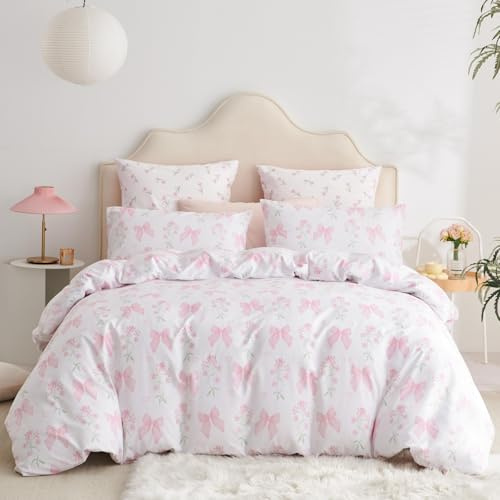 Freyamy Blumen Bettwäsche 200x200cm 3teilig Mädchen Weiß Rosa Floral Schleifen Bettwäsche Sets Microfaser Kinder Aesthetic Wendebettwäsche 1 Bettbezug mit Reißverschluss und 2 Kissenbezug 80x80cm