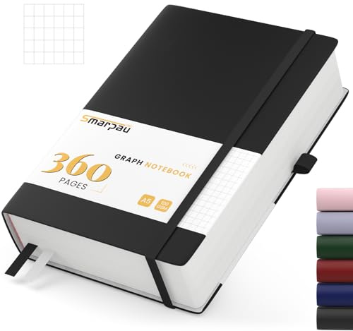 Smarpau Notizbuch A5 Kariert, Journal mit 100gsm 360 Seiten Dickes Papier | Leder Tagebuch, Notizblock für Erwachsene Arbeit, Schreiben, Notizen, Lernen, Reisen, 14.5 x 21 cm-Schwarz