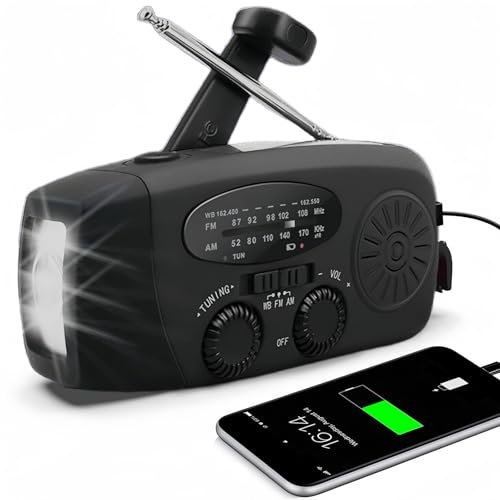 Radio solar portátil con tiempo AM/FM/NOAA, generador de manivela, batería recargable de 2000 mAh, cargador USB para teléfonos móviles, linterna LED, para emergencias, camping, pesca (negro)