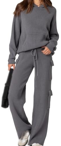 2-teiliges Strickpullover-Set für Damen, Lounge-Kapuzenpullover und Cargohose, Strick-Lounge-Set, zweiteilige Outfits für Damen