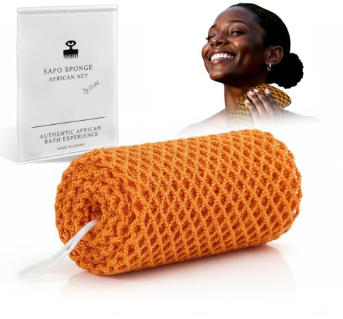 Äkta afrikansk nätsvamp från Ghana med upphängningssnöre Lång peelingvamp för kropp och rygg Duschsvamp Perfekt för daglig kroppsvård (orange)