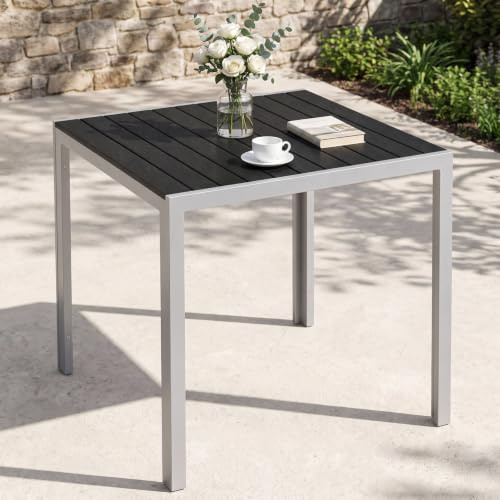 Clevich Gartentisch Wetterfest 75x75cm,Balkontisch Klein aus Aluminium& WPC | Quadratischer Terrassentisch, Outdoor Esstisch Balkon, pflegeleicht und langlebig, Tisch Garten für 4 Personen, Silber Grau