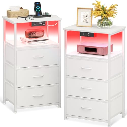Coleshome Sängbord set med 2, nattbord set med 2 USB-portar, 1 uttag och LED, 3 tyglådor och 2 förvaringsutrymme, perfekt för små sovrum, 40 x 30 x 70 cm, 2 förpackningar