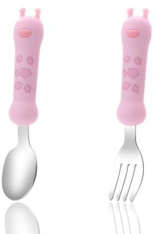 COYUN 2 Stück Kinder Besteckset, Baby Besteck Esslernbesteck ab 1 jahr, Edelstahl Kinderlöffel Baby Gabel Kindergeschirr Set mit Silikon Halten Anti-Choke Design, BPA Frei Lernbesteck