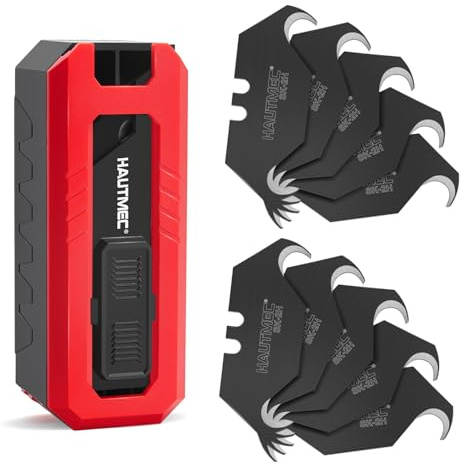 HAUTMEC Hakenklingen für Cuttermesser, 10 Stück SK2H Ersatzklingen mit Sicherheits-Spenderbox, Profi Teppichmesser Klingen für Dachpappe, Teppich, Linoleum & Folien – HTUBH25010