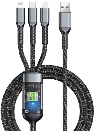 INDOTEAM Multi Charger Cable 1.2m – 3 in 1 USB Fast Charging Cables + Data Transfer – Durable Nylon Braided Phone Chargers Cord - Multi USB Charger Cables – Type C MicroUSB and iPhone Connectors