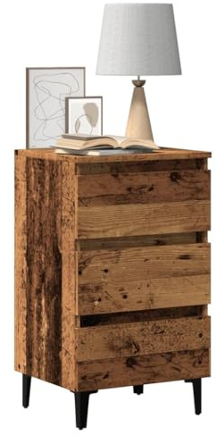 Mesita de Noche con 3 Cajones, Material Madera de Ingeniería y Patas Metálicas, Diseño Industrial, Estable y Multifuncional, Mesa de Cabeceira, Mesitas Auxiliares, Color Madera Reciclada, 40x35x69 cm