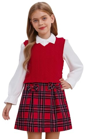 Freebily Conjunto De 3 Piezas Para Niñas Uniforme Escolar Con Camisa De Manga Larga Con Botones Y Chaleco De Punto Sin Mangas Y Falda A Cuadros Rojo 7-8 años
