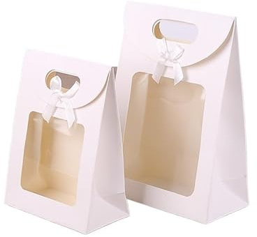 Bolsa de Regalo con Ventana Transparentes 25 bolsas de regalo blancas y negras con ventana transparente, papel kraft asa(WHITE,19x9x27cm)
