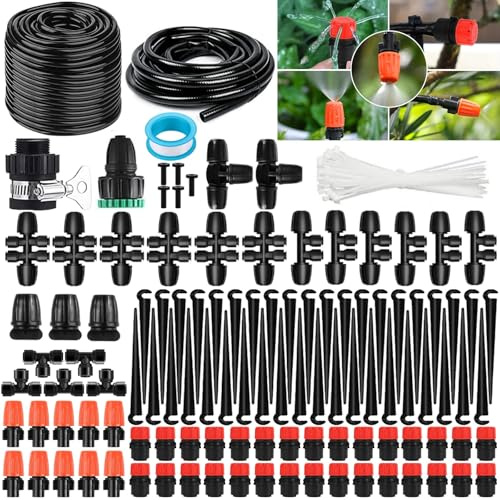 Sistema de riego Jardín, Kit de Riego por Goteo Automático, 40M+20M – Instalación tipo Plug & Play con conexiones rápidas – Boquillas Ajustables y Goteros – Para Jardín, Invernadero, Césped