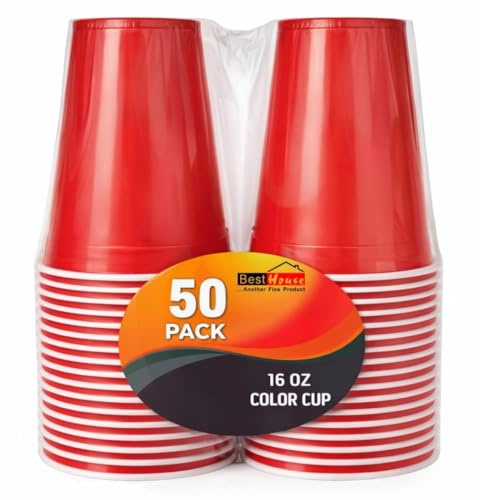 BH | Red Plastic Cups | 16oz | 470ml | 50-Pack | Party Cup, Drinking Cup for Party, Events, Everyday, Christmas, Games, Wedding and Picnics, Reusable & Recyclable Drinking Red Cups - by Best House