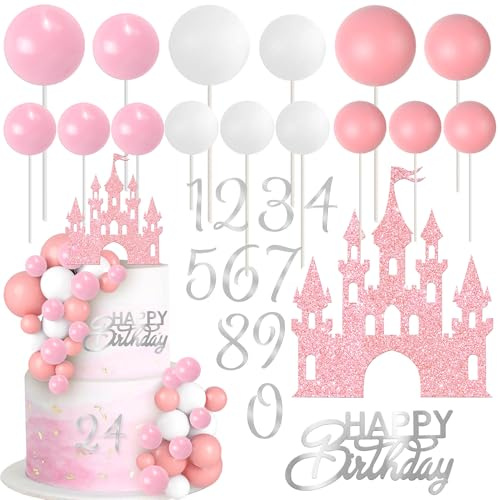 SYKYCTCY 36 Pack Balls Cake Toppers Castle Cake Picks Mini Balloon Foam Princess DIY Acrylic 0-9 Numbers Cake Decorations for Baby Shower Kids Boys Girls Happy Birthday Theme Party Supplies