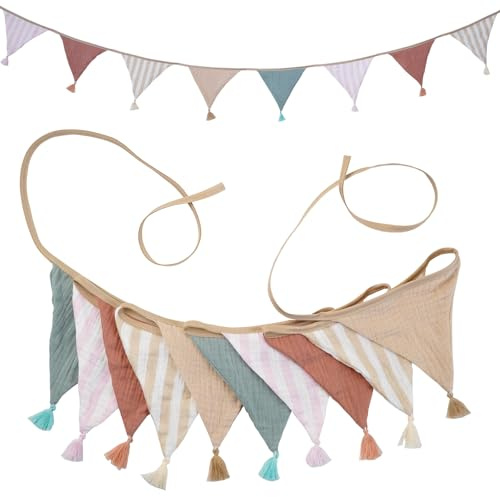 G2PLUS Musselin Wimpelkette Kinderzimmer mit Quasten, Beige Rosa Musselinstoff Girlande Beidseitig, 2.6m Stoffgirlande mit Streifen für Kinderbettchen, Kinderzimmer-Wandschmuck, Geburtstagsdekoration
