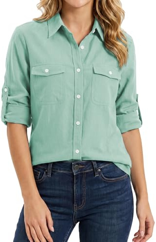 Enmain Women's Linen Shirts Long Sleeve Button Down Shirts Casual Roll-Up Regular Fit Blouses with Two Pockets for Summer Beach S-3XL