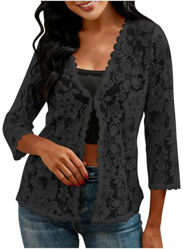 Lace Cardigan for Women Lightweight 3/4 Sleeve Bolero Shrugs Crochet Sheer Open Front Cardigan Summer Beach Coverup