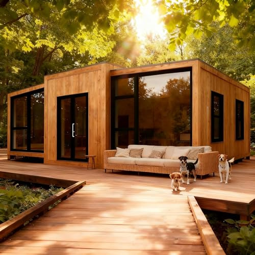 Casa pequeña prefabricada de 20 pies para adultos, casa de contenedor plegable y expandible, cabaña modular portátil con baño y cocina, ideal para oficina en el patio trasero, estudio, espacio de vida