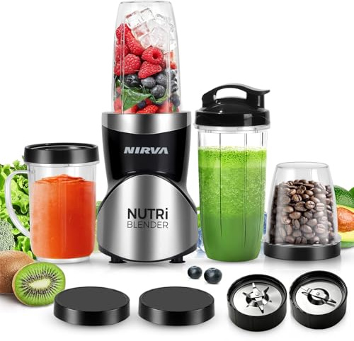 Nirva 4 in 1 Mini Mixer, Smoothie Maker mit 4 Tragbare, Mixbechern Zweiblatt und Vierblatt Edelstahlklingen,Blender elektrisch für Shake, Multifunktionsmixer für Ice, Obst, Gemüse, Nüsse
