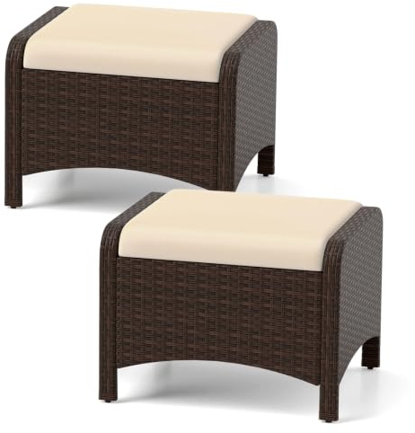COSTWAY 2er Set Fußhocker Rattan, Sitzhocker mit abnehmbarem Kissen, Rattanhocker wetterfest, Gartenhocker für Garten, Balkon, Terrasse (Beige)