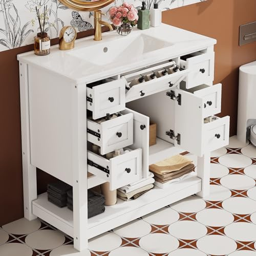 Easexcy Freistehender Waschtisch Komplett 92cm, Badschrank mit Keramikwaschbecken, Doppeltür, 7 Schubladen und unterer Ablage für kleines Bad und Gäste-WC