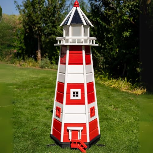 Deko-Shop-Hannusch Wunderschöner großer XXL Leuchtturm aus Holz mit SOLAR Beleuchtung Größen, Solarbeleuchtung, (rot/Weiss, 1,40 m)