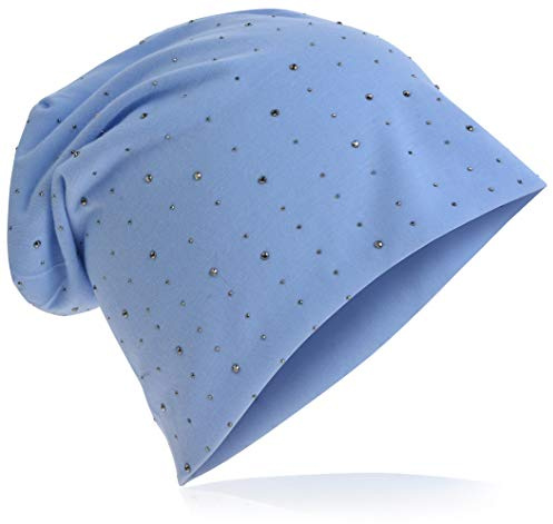 Miobo slokande beanie/lång mössa av jerseytyg med eleganta strassstjärnor/nitapplikationer, unisex, enfärgad trendig mössa för män och kvinnor, Babyblått, En Storlek