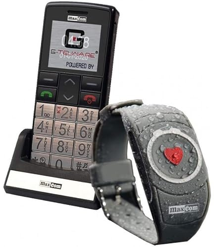 Téléphone portable SENIORENHANDY (Firmware 2018) - Avec bracelet d'urgence de la marque G-TELWARE - Avec bracelet radio, menu et notice en allemand, instructions en allemand