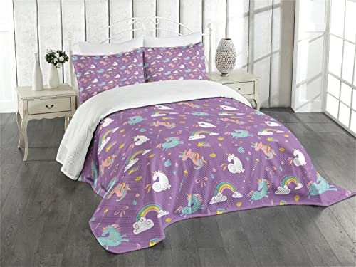 ABAKUHAUS magisch Tagesdecke Set, Einhorn Regenbogen-Baby, Set mit Kissenbezug Sommerdecke, für Einzelbetten 170 x 220 cm, Weiß Violett