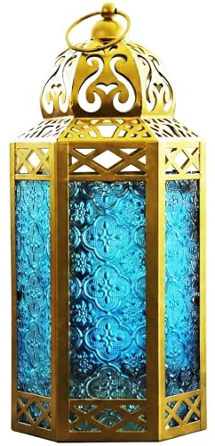 Vela Lanterns Farol portavelas decorativo marroquí de metal de 12 pulgadas para colgar o mesa, decoración interior del hogar, patio al aire libre o porche, bodas, dorado, cristal azul, grande