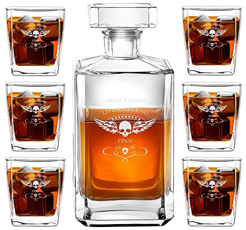 Maverton Whiskey Decanter Set of 4/6 Glasses - You can Personalise Tumblers as Gift - 700 ml Universal Carafe - Living Legend