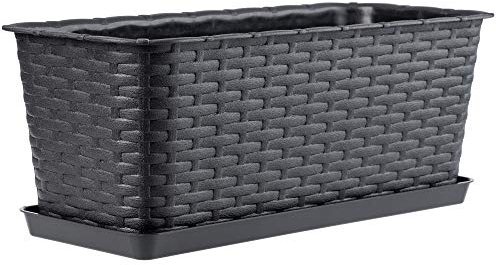 KADAX Blumenkasten 40 cm Anthrazit mit Untersetzer, Rattan-Optik – Pflanzkasten für Balkon oder Fenster, robuster Balkonkasten