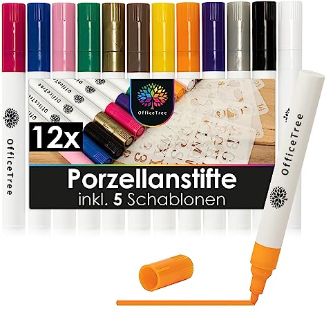 OfficeTree 12x Porzellanstifte Spülmaschinenfest - 12 Farben und 5 Schablonen - Glas und Porzellanstifte auf Wasserbasis - Glasmalstifte Spülmaschinenfest - Keramikstifte zum bemalen und verzieren