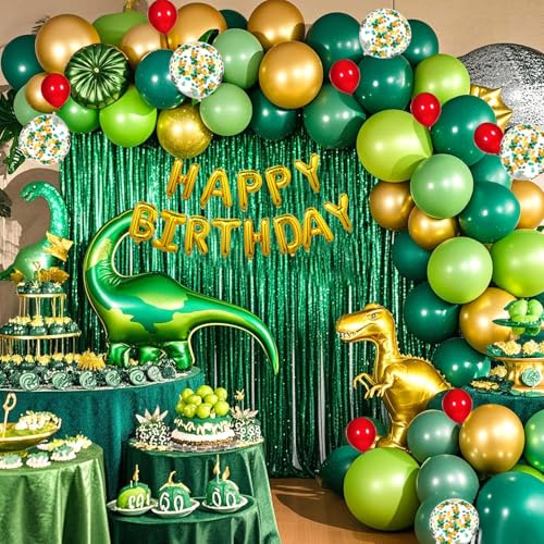 YinQin 143 Stück Dinosaurier Geburtstags Ballon Dekoration Dino Luftballons | mit Füllpumpe, Konfetti Ballon, Happy Birthday Banner, Dinosaurier-Aluminiumfolienballon
