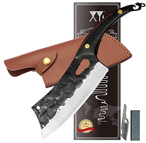 XYJ FULL TANG 7 Inch Deboning Knife With Opener Stainless Steel Hammered Finger Hole Blade Chef Nakiri Knives Meat Fish Slice Knife Come With Sheath&Whetstone