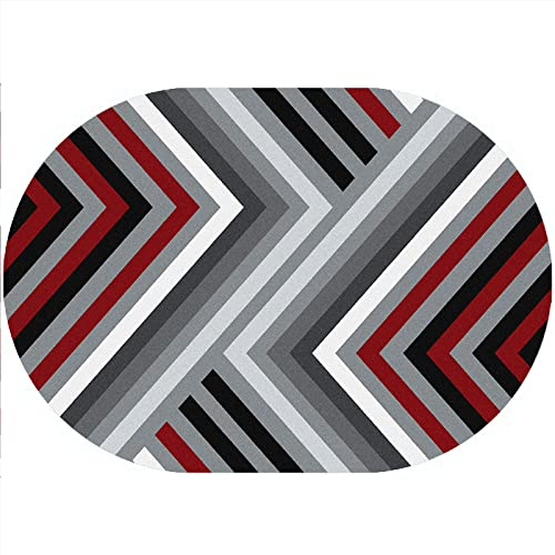 Rururug Teppich Oval Moderner Läufer Orientteppich Kurzflor Flur Schlafzimmer Küche Wohnzimmer rutschfest Waschbar, schwarzes rotes graues weißes geometrisches Design Oval 80 x 150 cm