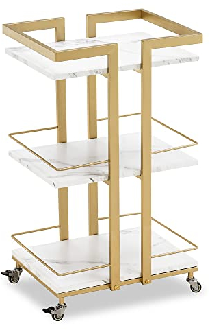 M MCombo Servierwagen mit Rollen, Küchenwagen Barwagen Metallgestel, Moderne Rollwagen Mehrzweckwagen mit 3 Ebenen, für Küche Bad Wohnzimmer Büro, 33x43x75cm, 0033 (Weiß-Gold)