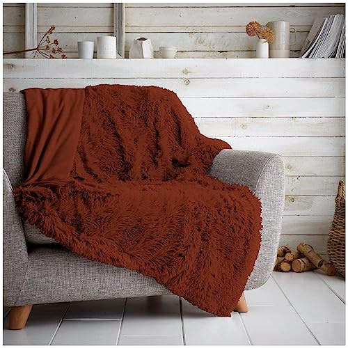 VELVETIO Luxury Hug & Snug Fleece Throw, Extra Large Thermal Warm Fluffy Fur Blankets, Super Soft Snuggle & Cuddle Sofa Bed Throws, Double Size 150 x 200 cm, Rust