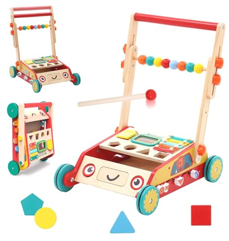 Lauflernhilfe für Kinder aus Holz, Holz-Schiebespielzeug für Babys, Lauflernwagen mit Montessori Holzspielzeug Gehhilfe mit Gummibereifung, Babywalker für a 1+ Jahre