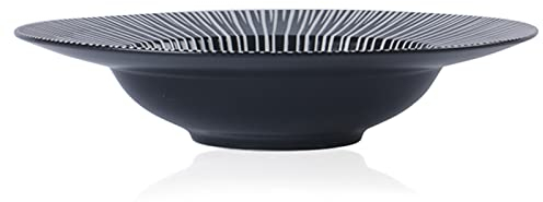 Nudelschalen Essgeschirr für die Küche - Pastateller mit breitem Rand, 10, strukturiertes Geschirr, Porzellan, runde Servierschalen für Suppe, Snack, Pasta, Obst, Dessert – Schwarz mit weißen Streife