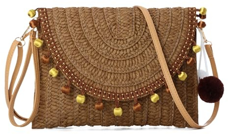 EVEOUT Clutch de Paja Mujer Bolso de Boda Fiesta Con Cadena Bandolera Tejido para Vacaciones Playa